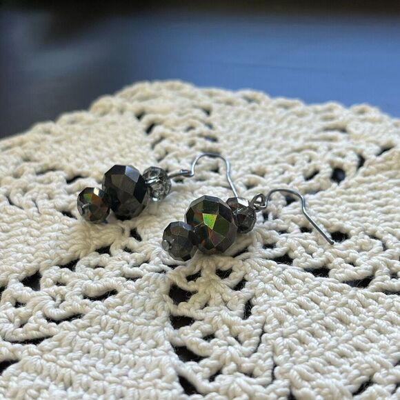 Handmade Glass Bead Earrings 1.5in Hooks Black Coated Beads Dark Silver Tone - Picture 6 of 14